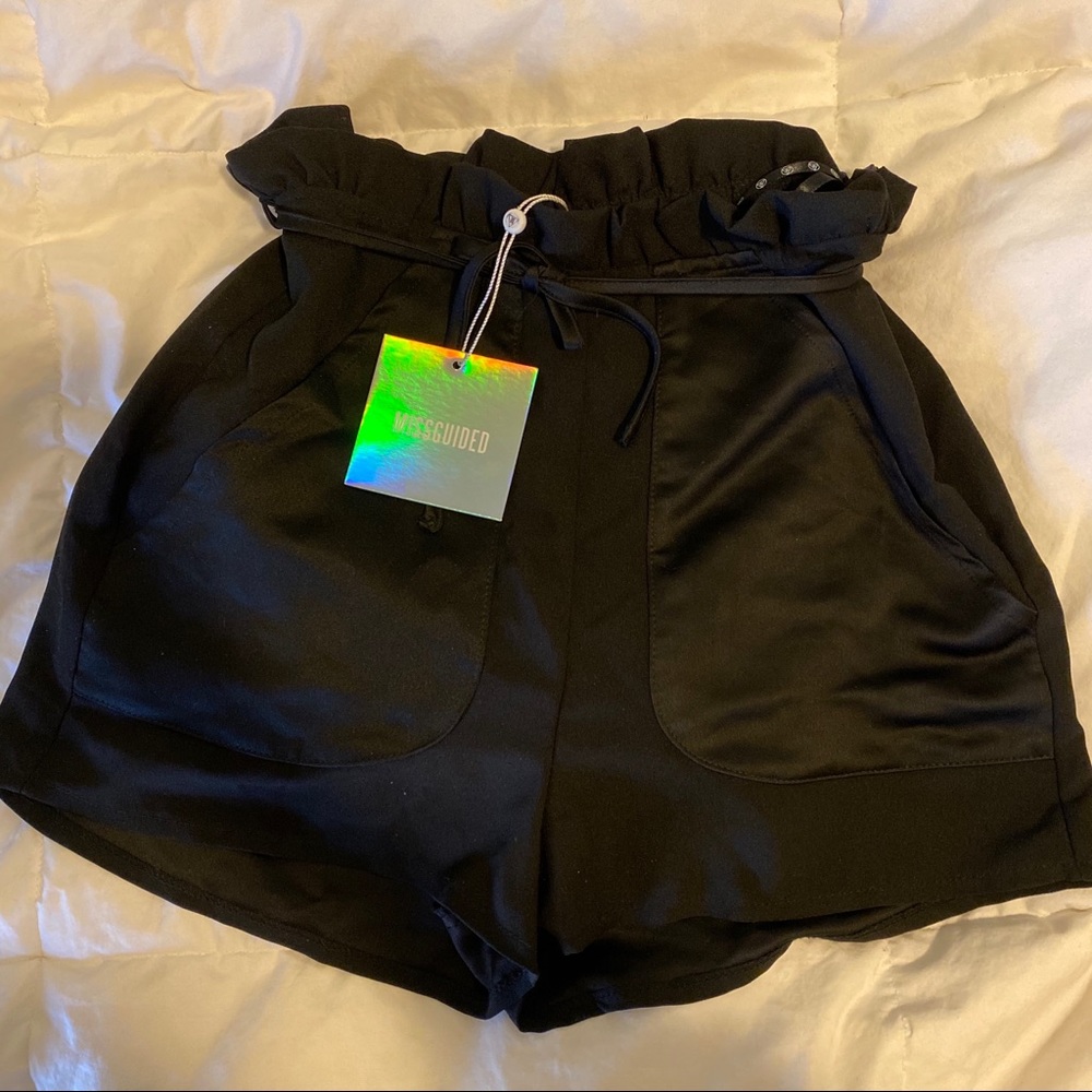 NWT Missguided Black Satin Paperbag Waist Shorts